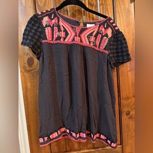 Anthropologie Embroidered Short-Sleeve Brown Top with Pink and Gold Accents